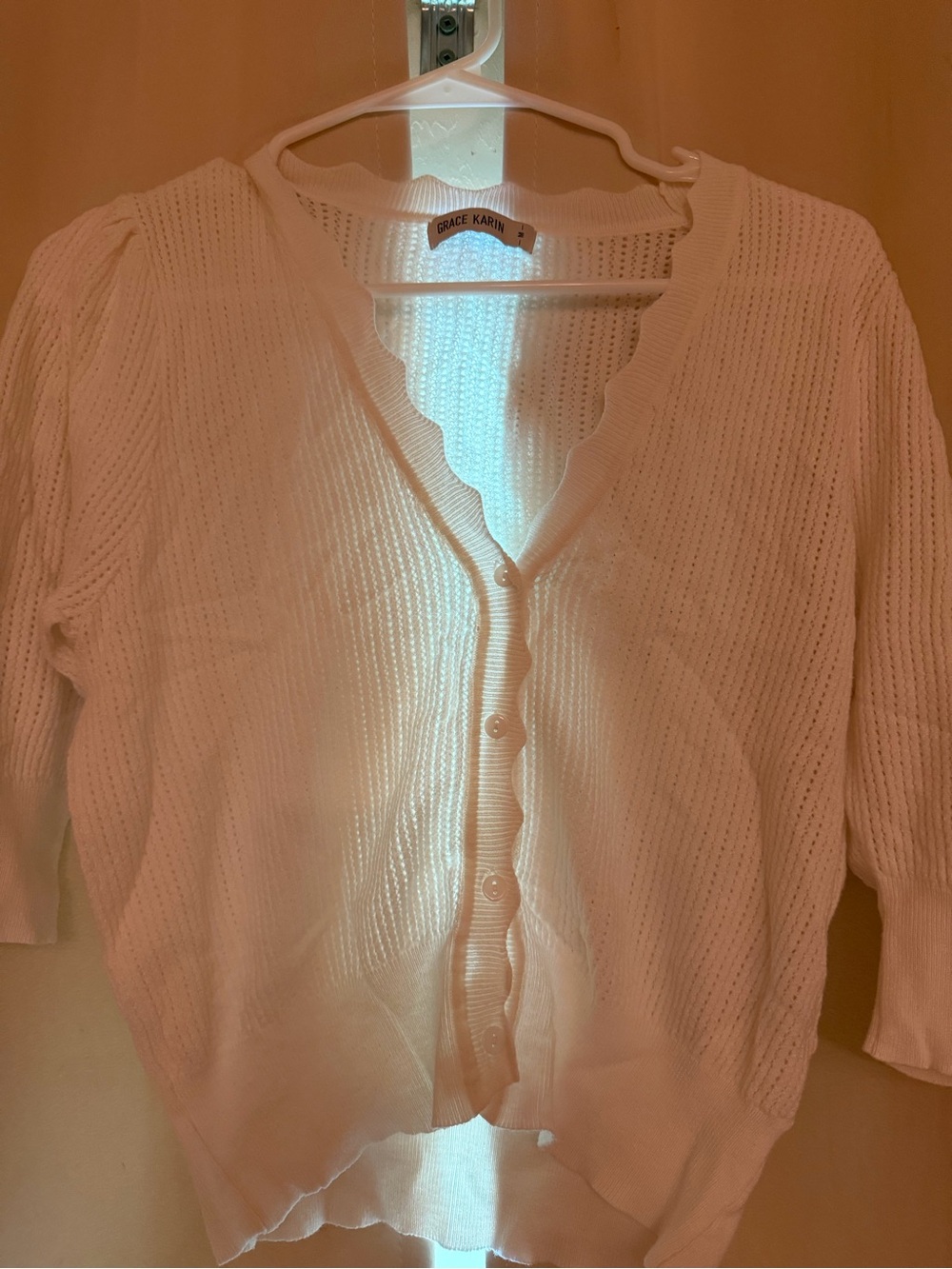 Grace Karin White Scalloped V-Neck Knit Cardigan